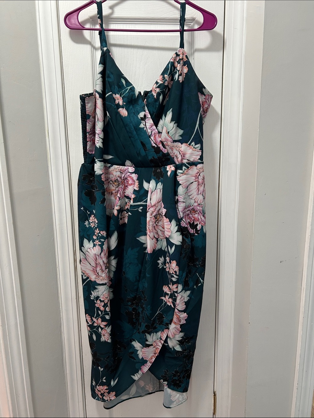 City Chic Teal Floral Wrap-Front Midi Dress with Pink Blooms